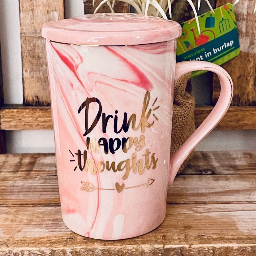 NWT Gorgeous “Drink Happy Thoughts” Pink White Swirl Glossy Ceramic Mug with Lid